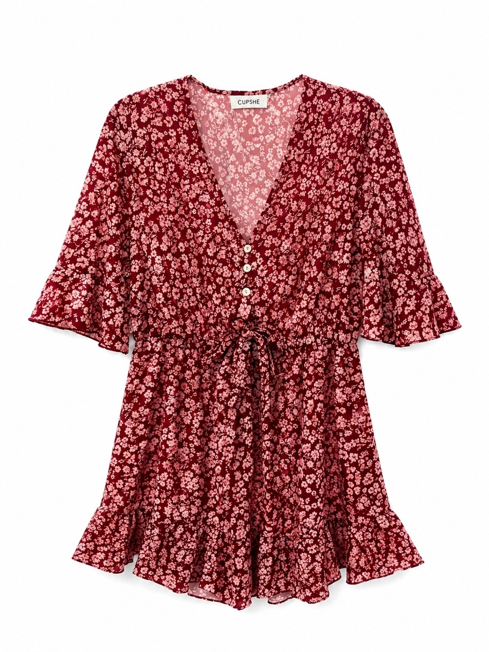 CUPSHE Burgundy Floral V-Neck Tie Waist Romper Dress Boho Ruffle Sleeve